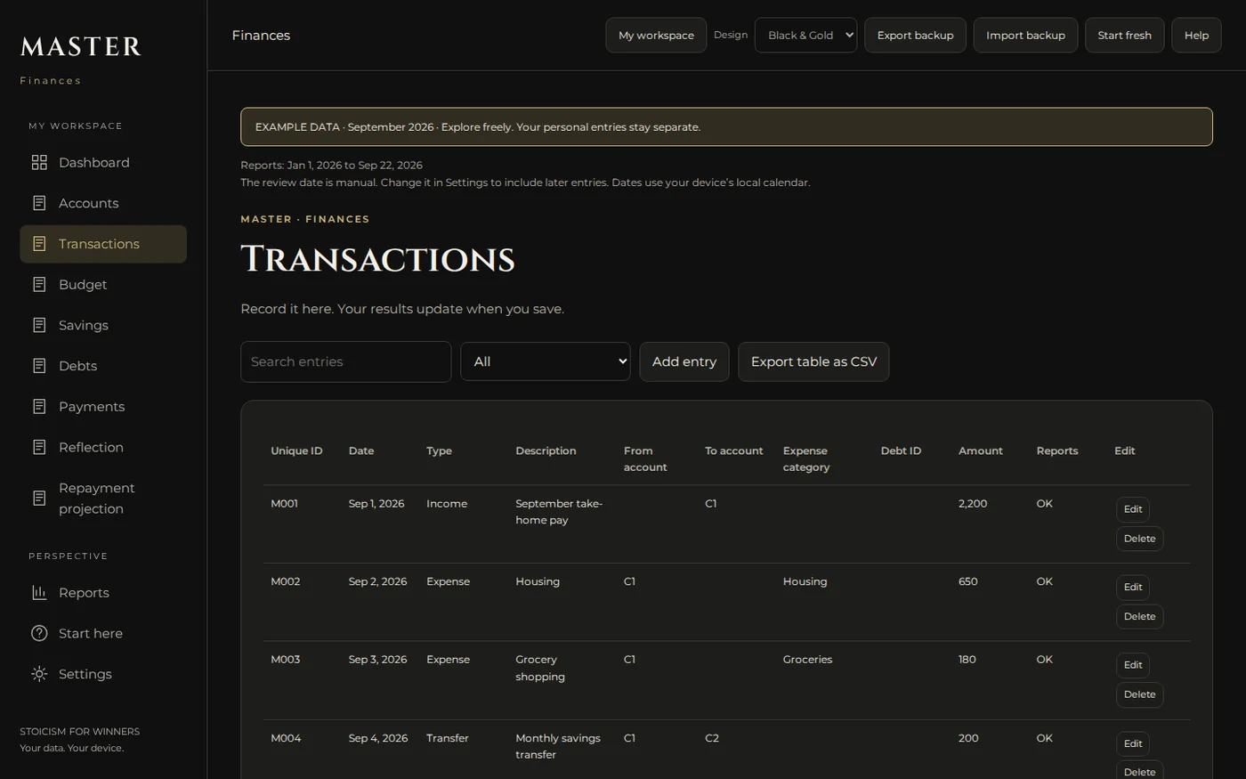 Logging screen of the MASTER Your Finances app
