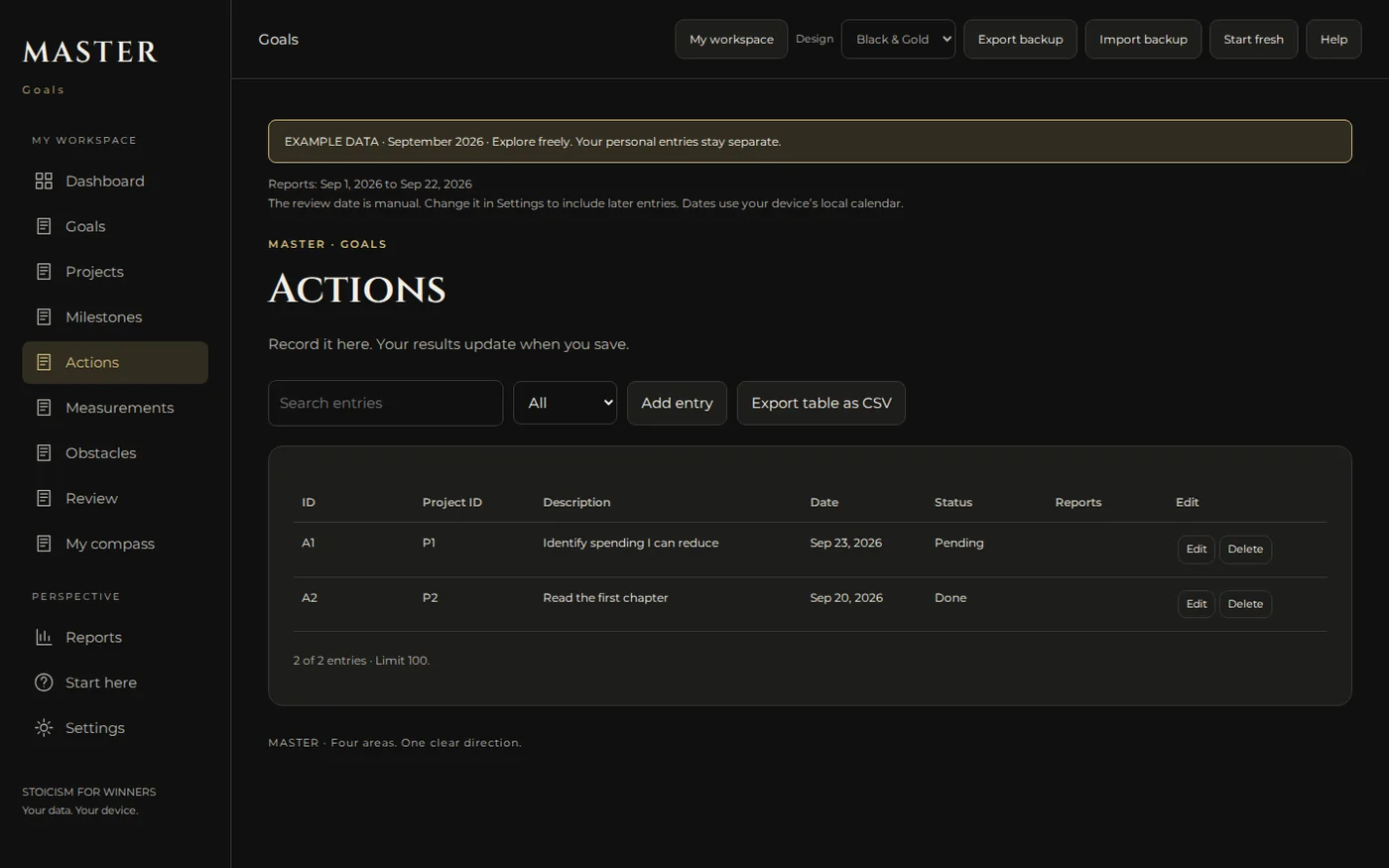 Logging screen of the MASTER Your Goals app