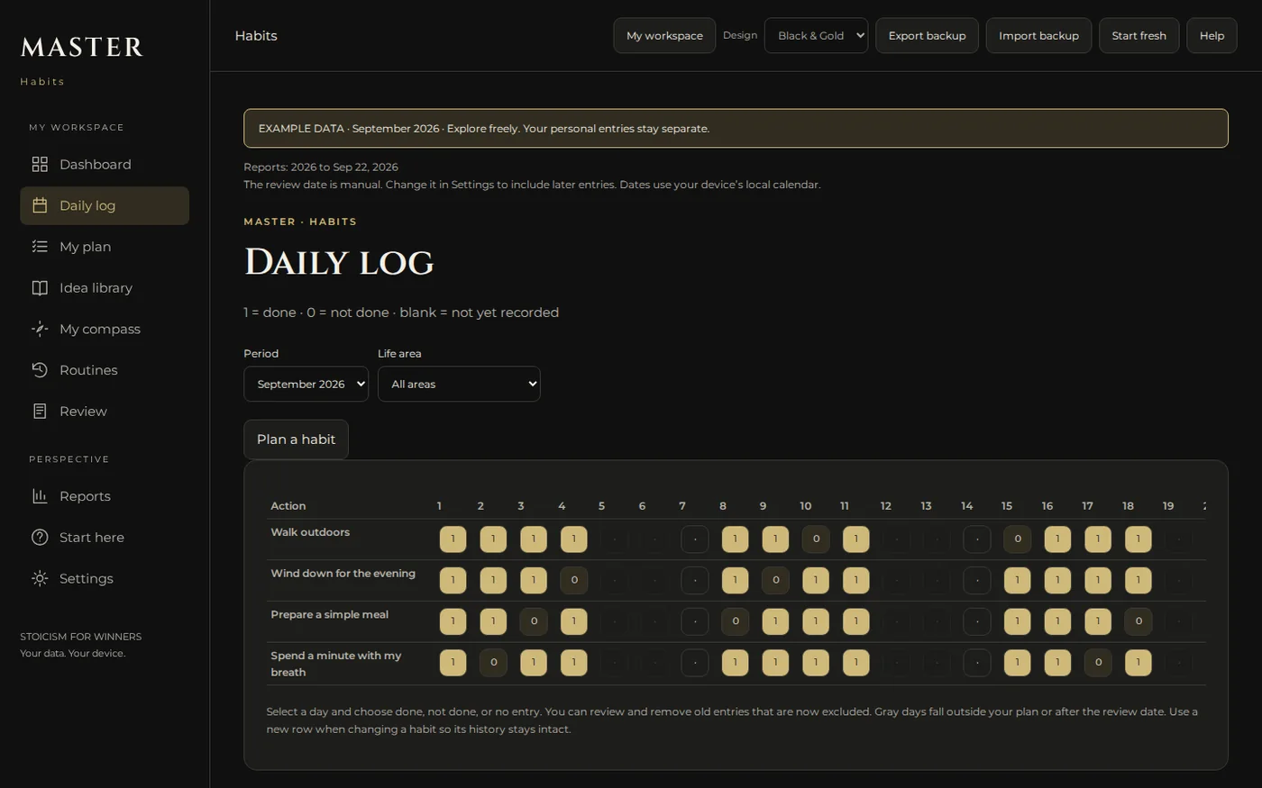 Logging screen of the MASTER Your Habits app