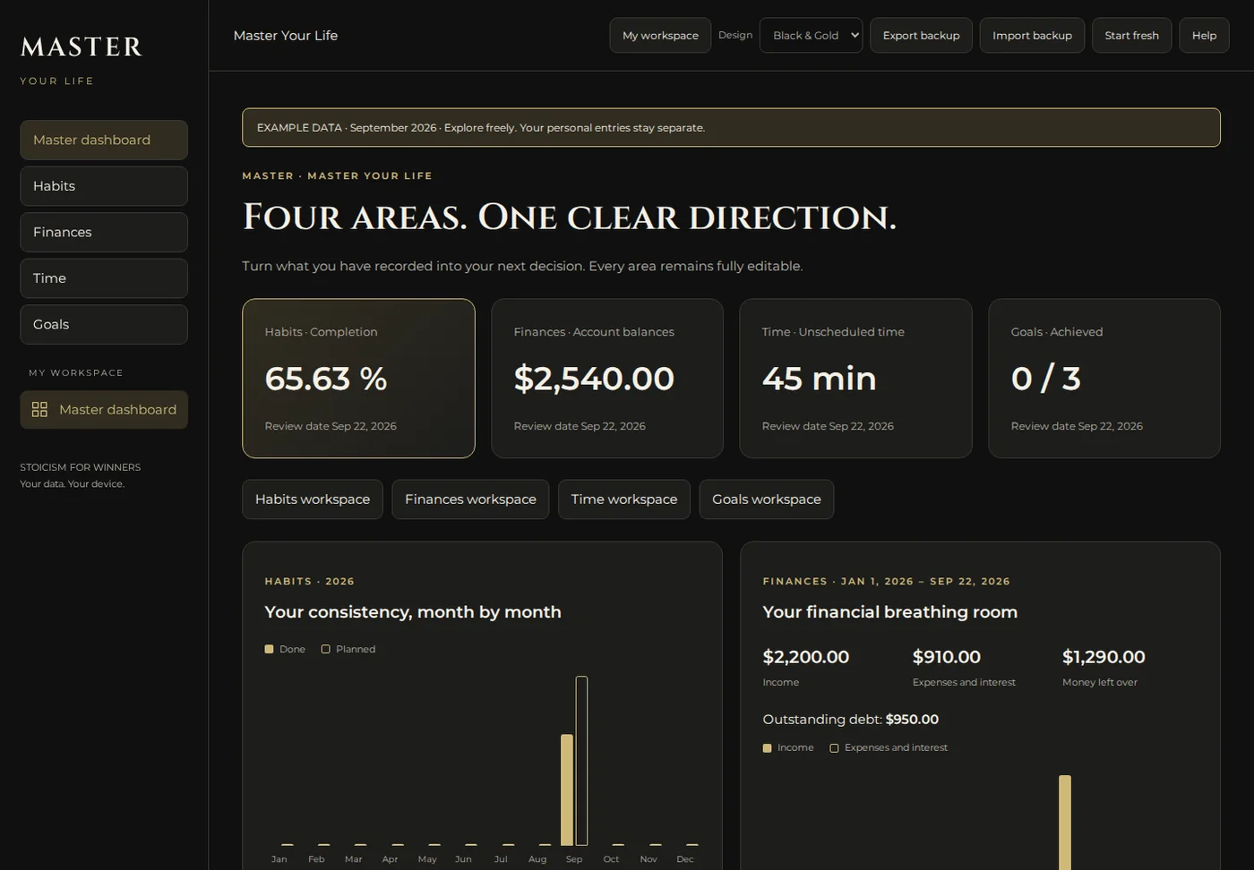 MASTER Your Life master dashboard with all four areas