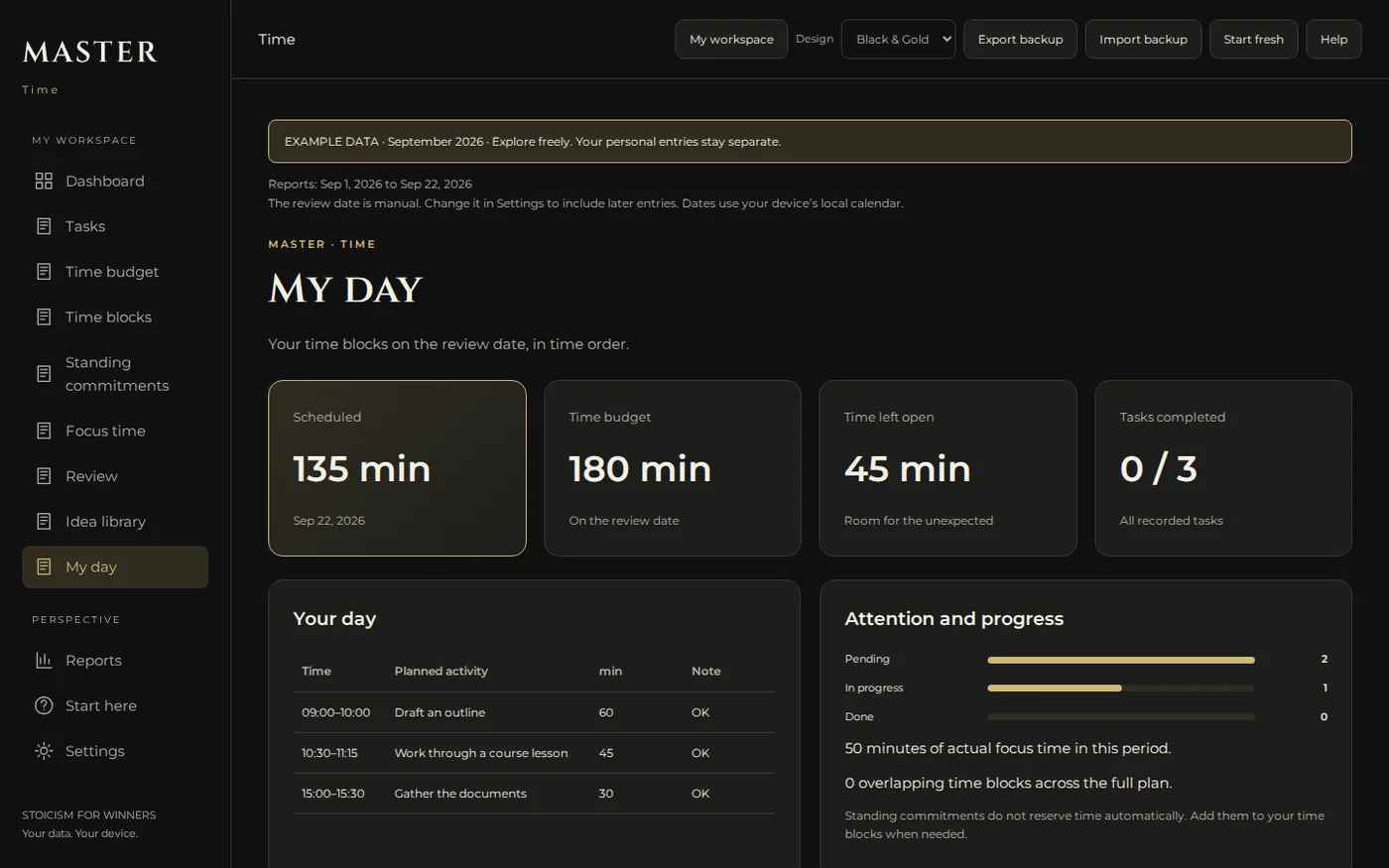 Logging screen of the MASTER Your Time app