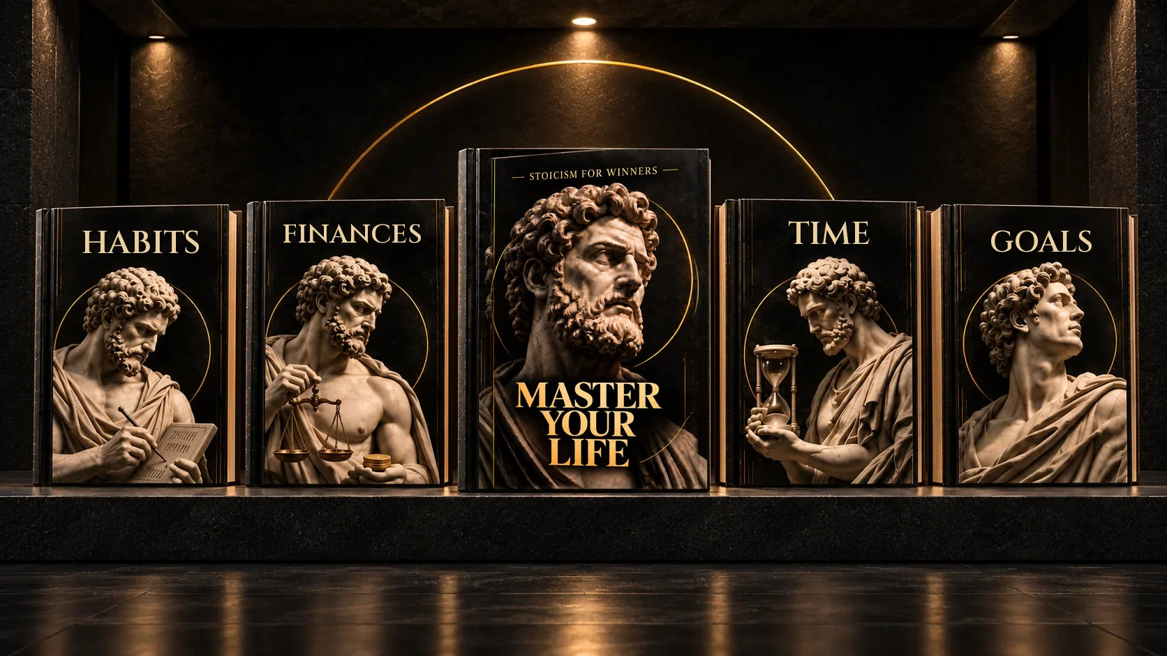 The five MASTER volumes lined up in a dark gallery